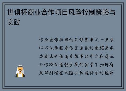 世俱杯商业合作项目风险控制策略与实践
