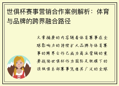 世俱杯赛事营销合作案例解析：体育与品牌的跨界融合路径