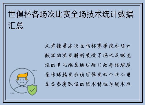世俱杯各场次比赛全场技术统计数据汇总